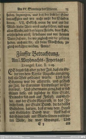 Fünffte Betrachtung, Am I. Weyhnachts-Feyertage: Evangel. Luc. II. 1-15