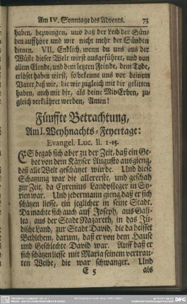 Fünffte Betrachtung, Am I. Weyhnachts-Feyertage: Evangel. Luc. II. 1-15