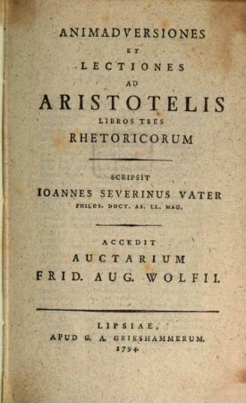 Animadversiones Et Lectiones Ad Aristotelis Libros Tres Rheticorum