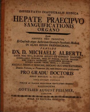 Dissertatio Inauguralis Medica De Hepate Praecipuo Sanguificationis Organo