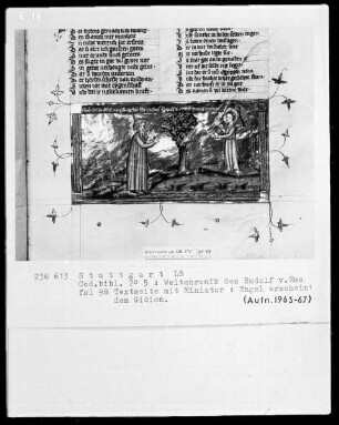 Weltchronik des Rudolf von Ems — Gideon und der Engel des Herrn, Folio 98recto