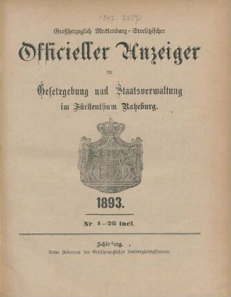 1893: Großherzoglich-Mecklenburg-Strelitzscher offizieller Anzeiger für Gesetzgebung und Staatsverwaltung im Fürstentum Ratzeburg