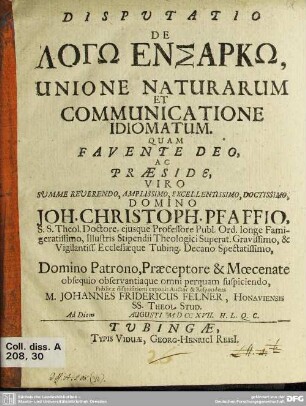 Disputatio De Logō Ensarkō, Unione Naturarum Et Communicatione Idiomatum
