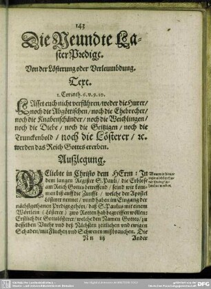 Die Neundte LasterPredigt. Von der Lösterung oder Verleumbdung