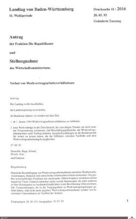 Antrag der Republikaner: Verbot von Werkvertragsarbeitsverhältnissen