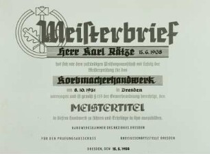 Meisterbrief Korbmacherhandwerk, 1956, Dresden