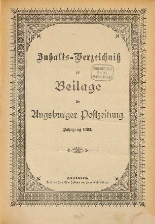 Augsburger Postzeitung. Beilage zur Augsburger Postzeitung, 1893