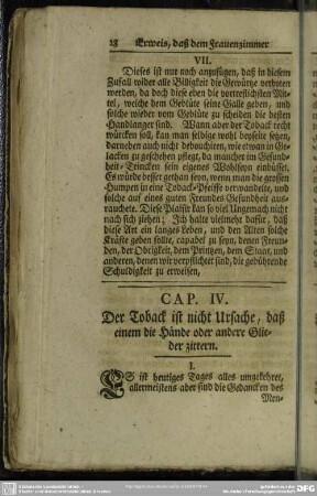 Cap. IV. Der Toback ist nicht Ursache, daß einem die Hände oder andere Glieder zittern