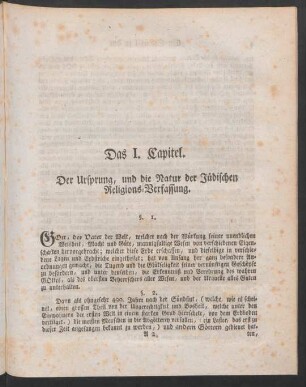 Das I. Capitel. Der Ursprung, und die Natur der Jüdischen Religions-Verfassung