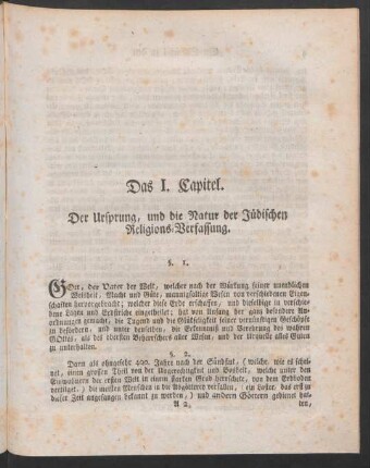 Das I. Capitel. Der Ursprung, und die Natur der Jüdischen Religions-Verfassung