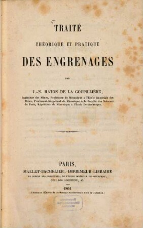 Traité théorique et pratique des Engrenages