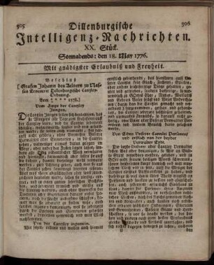 XX. Stück: Sonnabends: den 18. May 1776.