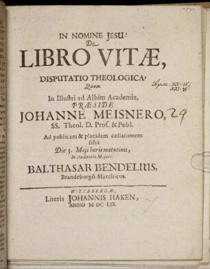 De Libro Vitae, Disputatio Theologica