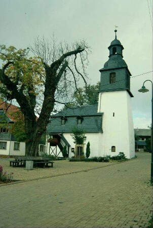Kirche, davor Linde mit Rundbank