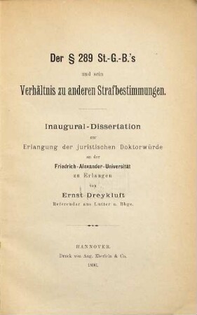 Der § 289 St.-G.-B.'s und sein Verhältnis zu anderen Strafbestimmungen