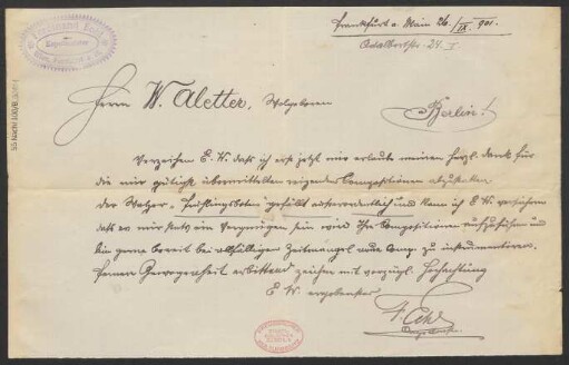 Brief an Wilhelm Aletter : 26.09.1901