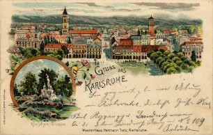 Postkartenalbum mit Motiven von Karlsruhe. "Gruß aus Karlsruhe. Nymphengruppe. Waarenhaus Hermann Tietz, Karlsruhe". Schlossplatz und Innenstadt