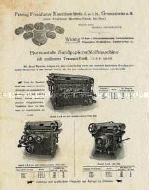 Werbeprospekt der Framag (Frankfurter Maschinenfabrik) für horizontale Sandpapierschleifmaschinen; um 1900