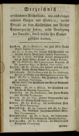 Verzeichniß verschiedener Reichsstände, wie auch einiger anderen Grafen und Städte etc., welche Prozesse an dem kaiserlichen und Reichs-Cammergericht haben,[...]