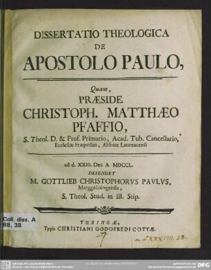 Dissertatio Theologica De Apostolo Paulo