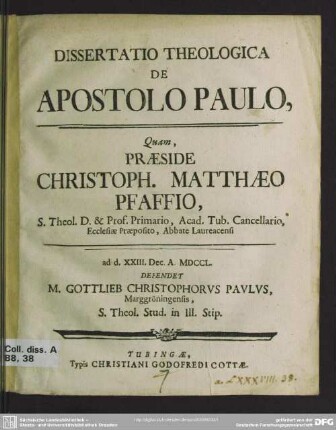 Dissertatio Theologica De Apostolo Paulo