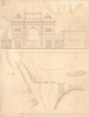 Zocher, Ernst; Architektonische Entwürfe - Eingangstor (Lageplan, Aufriss)