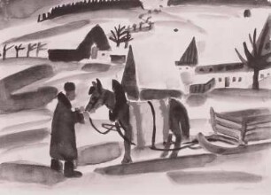 Winterlandschaft mit Bauer und Schlitten