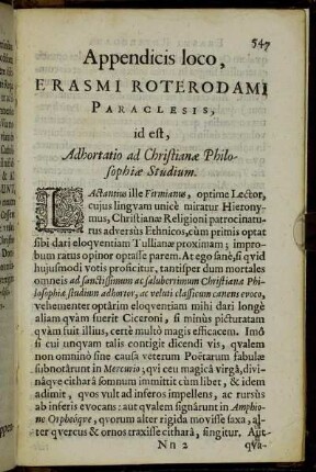 Appendicis loco, Erasmi Roterodami Paraclesis [...]