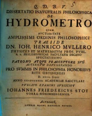 Dissertatio Inavgvralis Philosophica De hydrometro