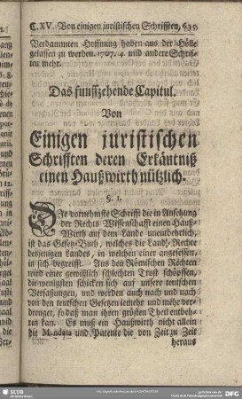 Das funffzehende Capitul. Von Einigen juristischen Schrifften deren Erkäntniß einen Haußwirth nützlich