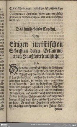 Das funffzehende Capitul. Von Einigen juristischen Schrifften deren Erkäntniß einen Haußwirth nützlich