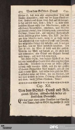 Cap. XII. Von dem GOttes-Dienst und Religions-Wesen, absonderlich in der offentlichen Gemeinde.