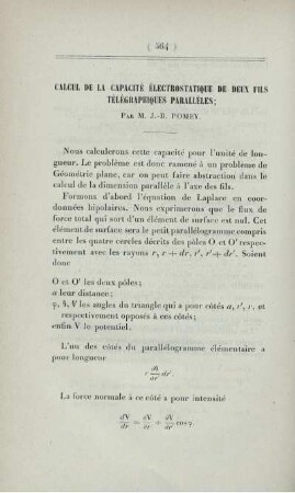 Calcul de la capacité électrostatique de deux fils télégraphiques parallèles.