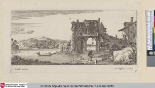 [Flusslandschaft, rechts eine Treppe, die zu einem Fachwerkhaus führt; River-landscape, stairs right leading to a half-timbered house in centre]
