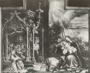 Isenheimer Altar, Menschwerdung : Grünewald, Matthias: Der Isenheimer Altar. 1512-1515. Menschwerdung: Maria mit Kind und Engelskonzert. Zweite Wandlung, Mittelteil. Öl auf Lindenholz; 265 x 141 cm. Colmar im Elsaß: Musée Unterlinden