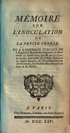 Memoire sur l'inoculation de la petite vérole