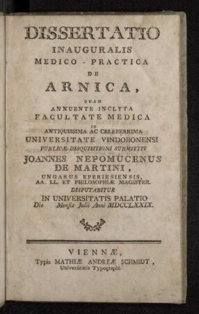 Dissertatio Inauguralis Medico-Practica De Arnica