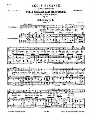 Felix Mendelssohn-Bartholdys Werke, 19,144. Nr. 144, Sechs Gesänge : op. 34. - 17 S. - Pl.-Nr. M.B.144