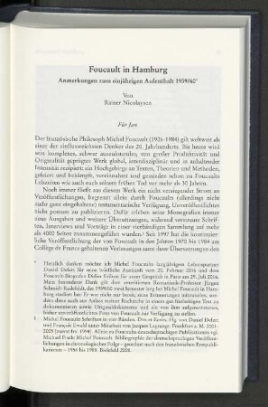Foucault in Hamburg Anmerkungen zum einjährigen Aufenthalt 1959/60