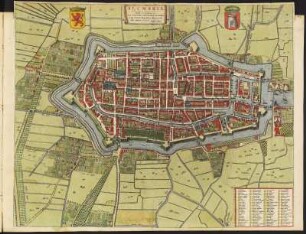 Stadtplan von Alkmaar in den Niederlande, 1 : 3 500, kolorierter Kupferstich, 1649 : Alcmaria : Viris D. D. Praetori, Consulibus, Scabinis totique Senatui Reipublicae Alcmariensi / Hanc Tabulam D. D. D. Ioannes Blaeu , [ca. 1:3.500] / [Amsterdam] : [Joan Blaeu], [1649]. - 1 Plan : Kupferst. ; 56,2 x 45,0 cm - Mit 2 Wappen - Mit Gebäudeverz. - Vermutl. aus: Novum Ac Magnum Theatrum Urbium Belgicae Foederatae. [Teil 1] : Ad praesentis temporis faciem expressum / a Ioanne Blaeu, Amstelaedamensi