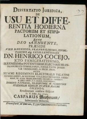 Diss. iur. de usu et differentia hodierna, pactorum et stipulationum