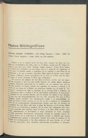 "España madre nuestra", por Felipe Sassone, Lima, 1939, Imprenta Torres Aguirre, Lima, Perú, en 318 páginas