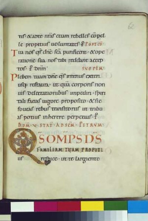 Guntbald-Sakramentar — Schriftseite mit Initiale, Folio fol. 62r