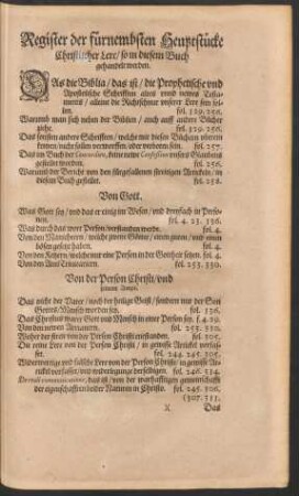 Register der fürnembsten Heupstücke Christlicher Lere ...