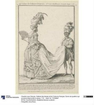 Gallerie des Modes et du Costume Français: Dame de qualité à qui un jeune nègre porte la queue. T.109