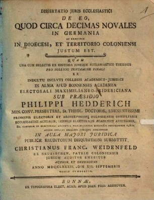 Dissertatio Juris Ecclesiastici De Eo, Quod Circa Decimas Novales In Germania Ac Praecipue In Dioecesi, Et Territorio Coloniensi Justum Est