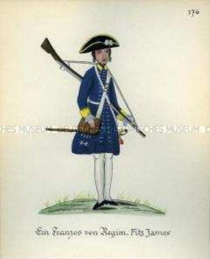 Uniformdarstellung, Infanterist eines Königlich Französischen Fremdenregiments, Königreich Frankreich, 1760/1761. Kopie der Originaltafel 176 aus Becher: Wahrhaftige Nachrichten.