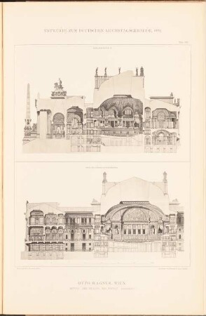 Reichstag, Berlin Zweiter Wettbewerb: Querschnitt, Längsschnitt (aus: Sammelmappe hervorragender Konkurrenzentwürfe H. 6, hrsg.v. K.E.O. Fritsch, 1883)