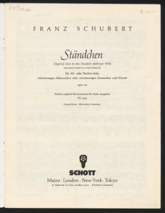 Ständchen : Zögernd leise in des Dunkels nächt'ger Stille : für Alt- oder Bariton-Solo, vierstimmigen Männerchor oder vierstimmigen Frauenchor und Klavier : opus 135