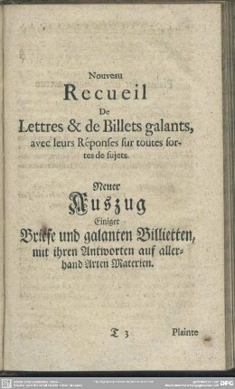Nouveau Recueil De Lettres & de Billets galants, avec leurs Réponses sur toutes sortes de sujets
